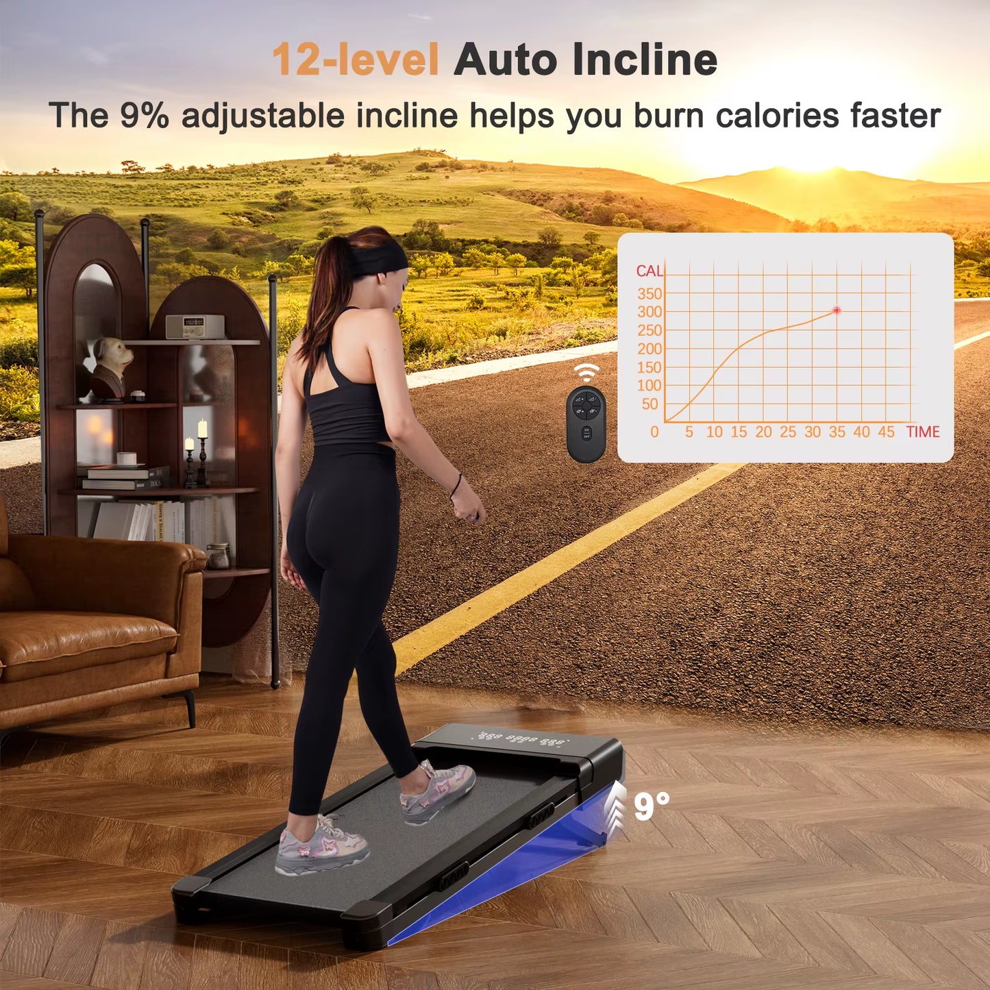 3.0HP Raceable Walking Pad under Desk Treadmill with 9% Incline Adjustable Speed 1-6KM/H LCD Screen Display 136KG Load for Home