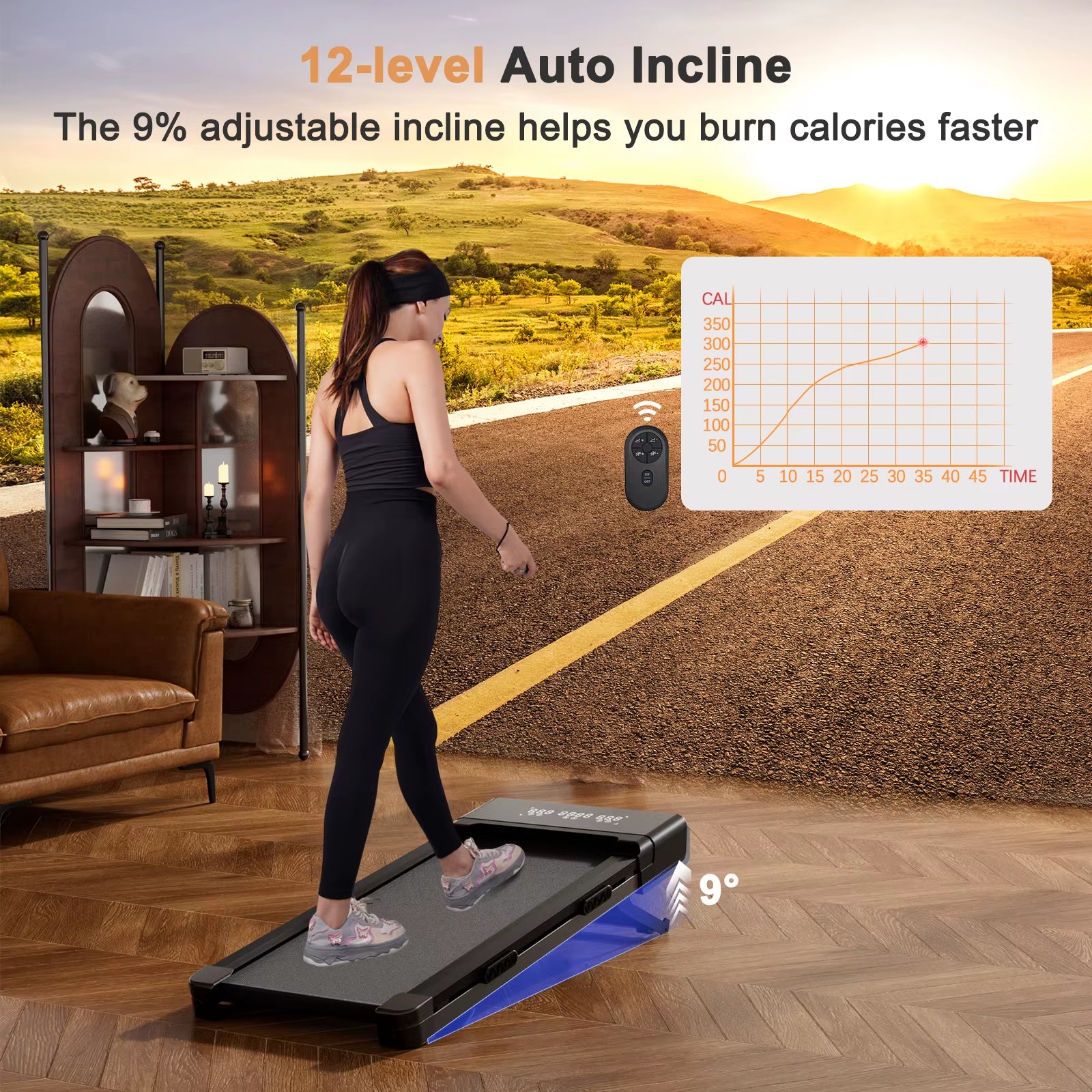 3.0HP Raceable Walking Pad under Desk Treadmill with 9% Incline Adjustable Speed 1-6KM/H LCD Screen Display 136KG Load for Home