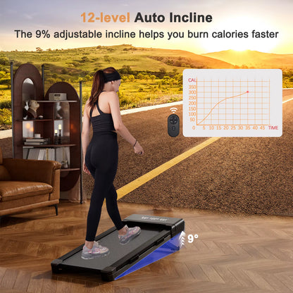 3.0HP Raceable Walking Pad under Desk Treadmill with 9% Incline Adjustable Speed 1-6KM/H LCD Screen Display 136KG Load for Home