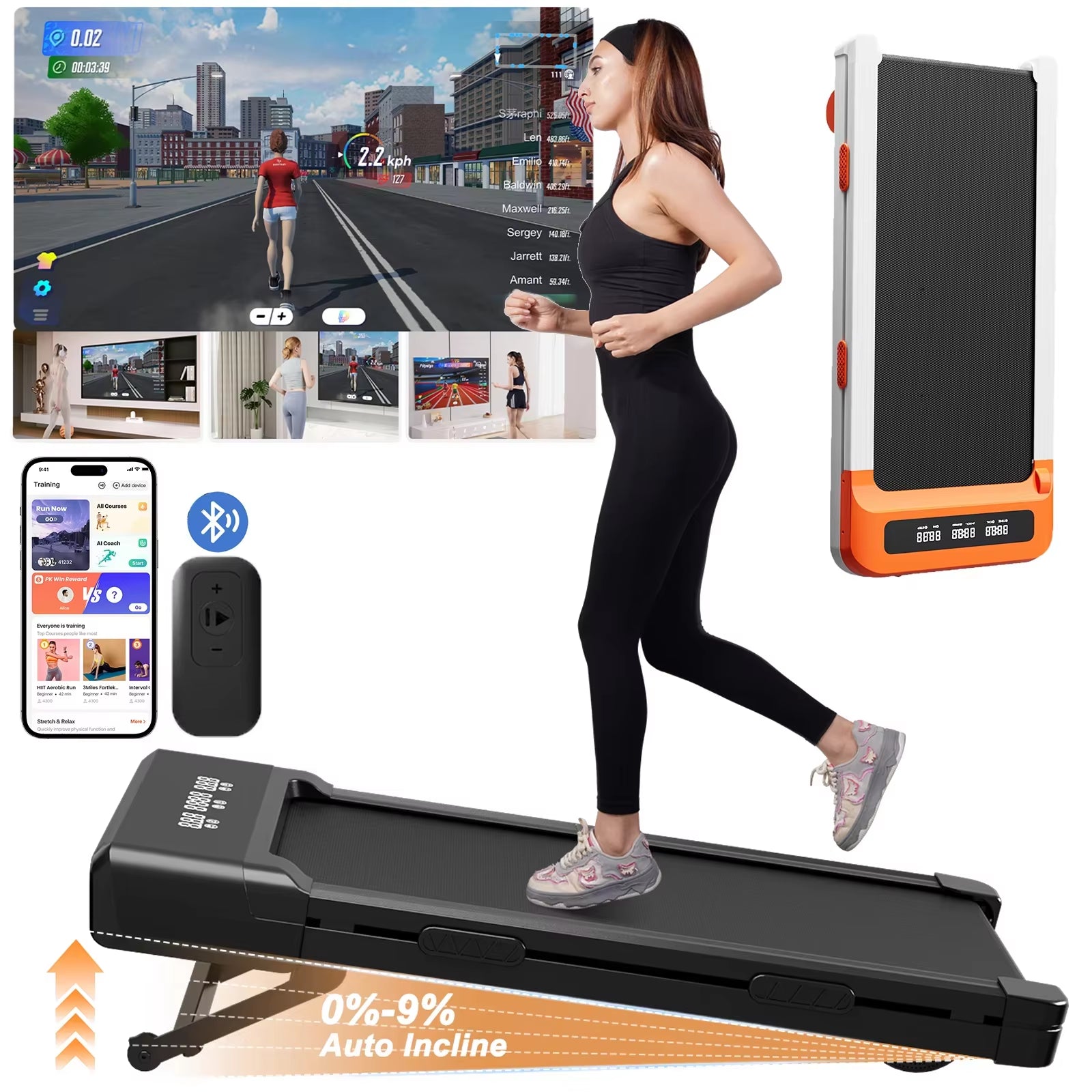 3.0HP Raceable Walking Pad under Desk Treadmill with 9% Incline Adjustable Speed 1-6KM/H LCD Screen Display 136KG Load for Home