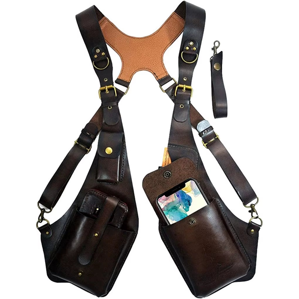 Leather Harness Holster Bag Harness Bag Waist Pack Double Wallet Case Phone Wallet Bag Cross Belt anti for Outdoor Hiking