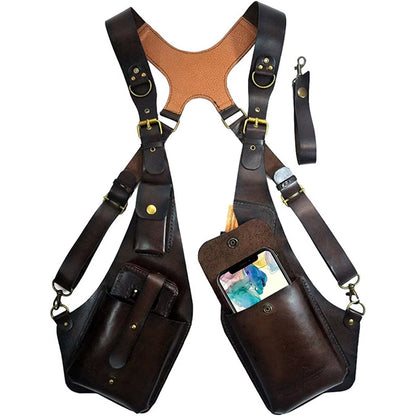 Leather Harness Holster Bag Harness Bag Waist Pack Double Wallet Case Phone Wallet Bag Cross Belt anti for Outdoor Hiking