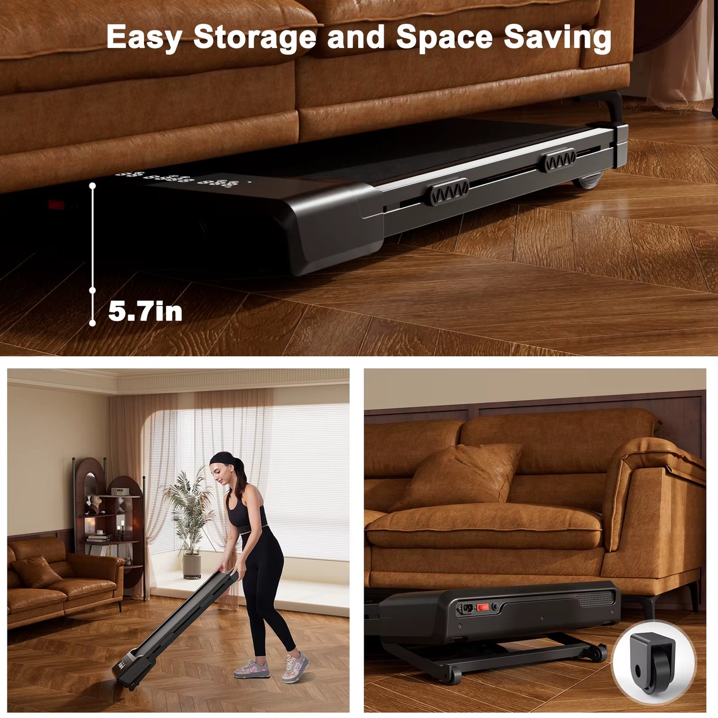 3.0HP Raceable Walking Pad under Desk Treadmill with 9% Incline Adjustable Speed 1-6KM/H LCD Screen Display 136KG Load for Home