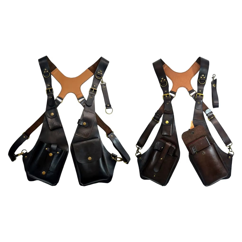Leather Harness Holster Bag Harness Bag Waist Pack Double Wallet Case Phone Wallet Bag Cross Belt anti for Outdoor Hiking